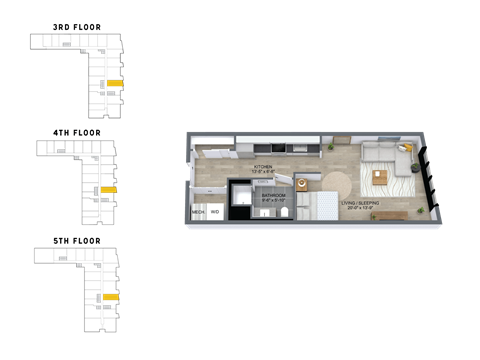 Floor plan for studio, 1 bath, 575 sqft